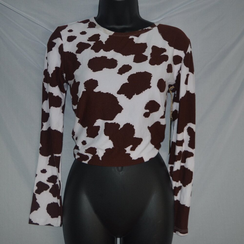 Teen crop top long sleeve cow print Love Dazed NWT size med open and tie back
